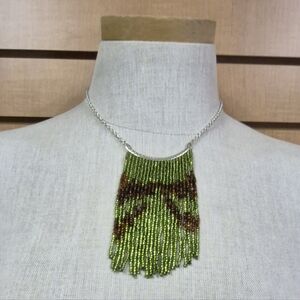 Green Brown Beaded Fringe Necklace Boho Statement Jewelry